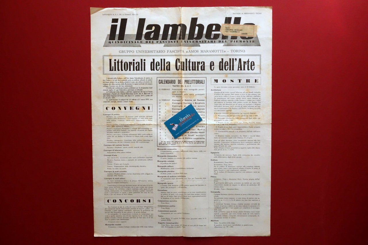Littoriali della Cultura e dell'Arte Programma Il Lambello Supplemento 10/1/1939