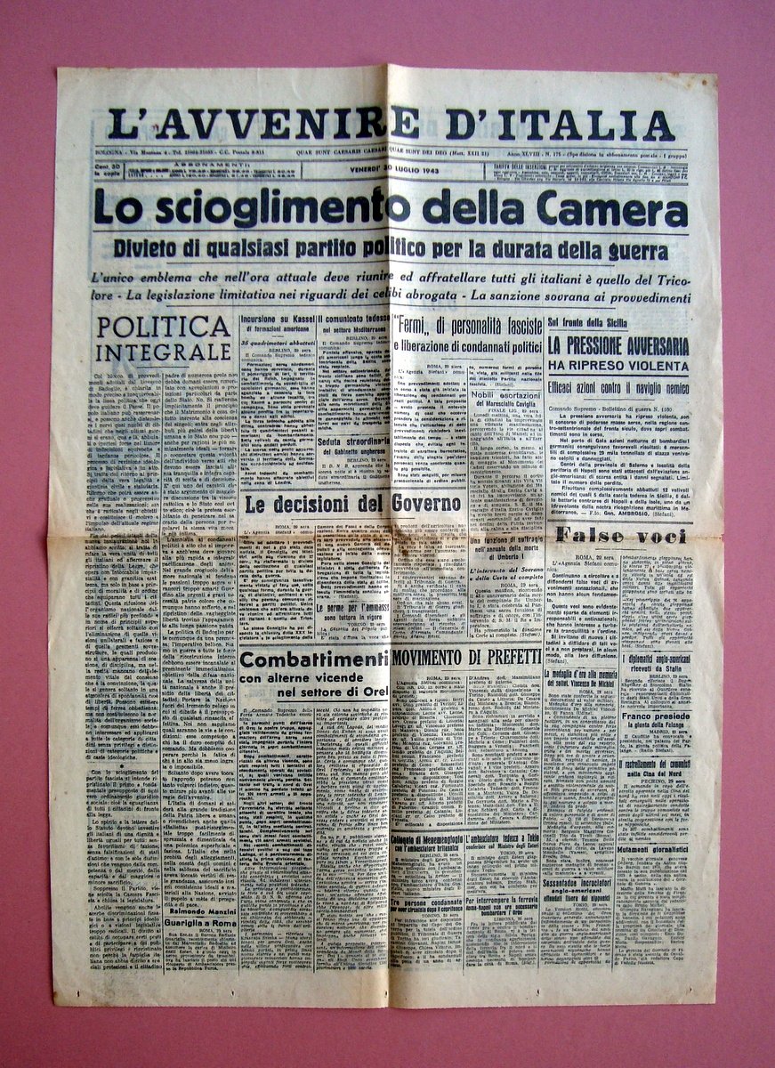 Lo Scioglimento della Camera L'Avvenire d'Italia 30/7/1943