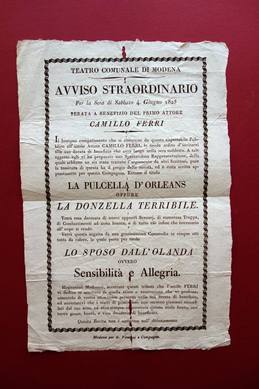 Locandina Teatro Comunale di Modena Camillo Ferri Pulzella d'Orleans 1825