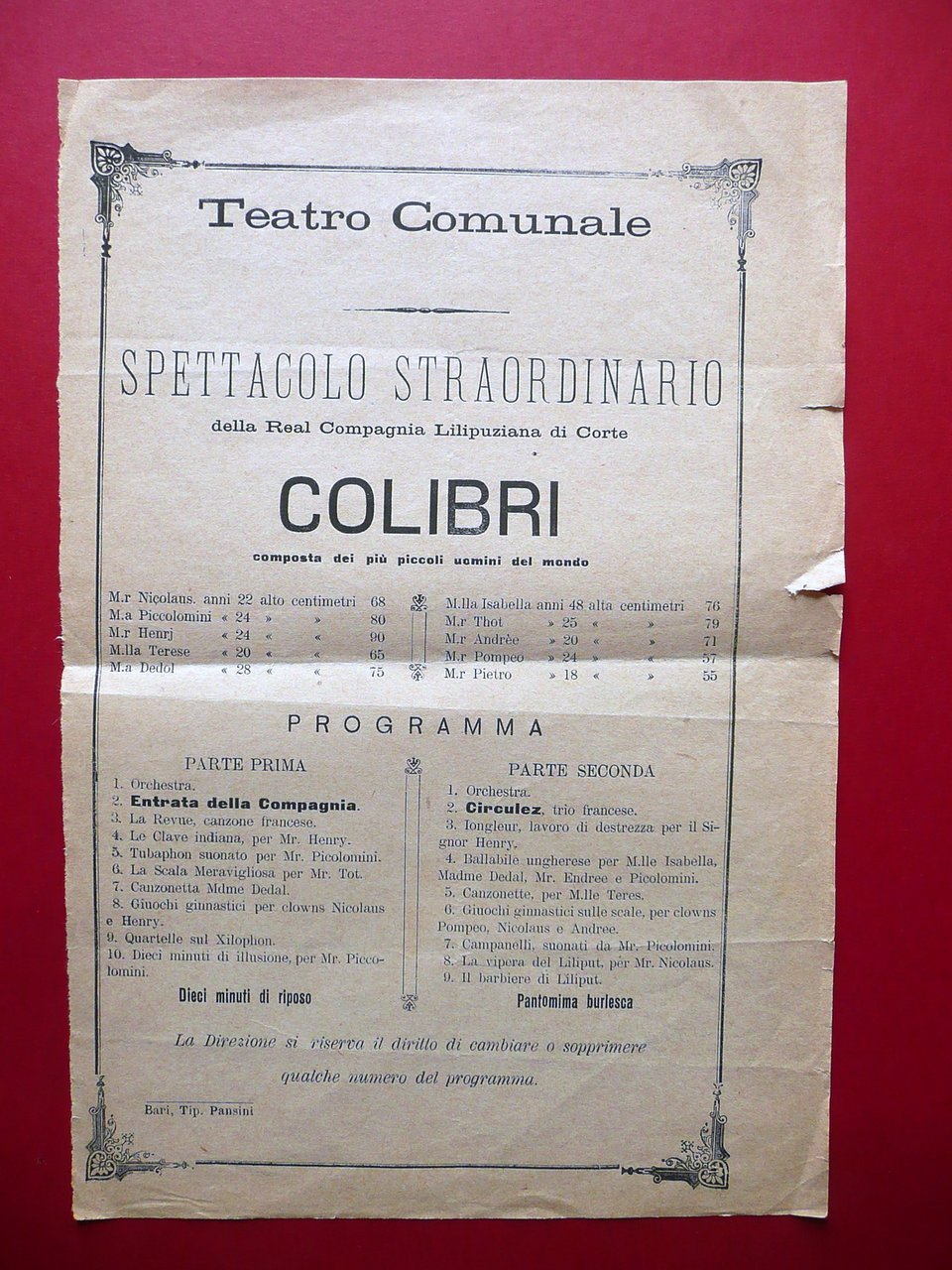 Locandina Teatro Comunale Real Compagnia Lillipuziana ColibrÏ Pansini Bari '800