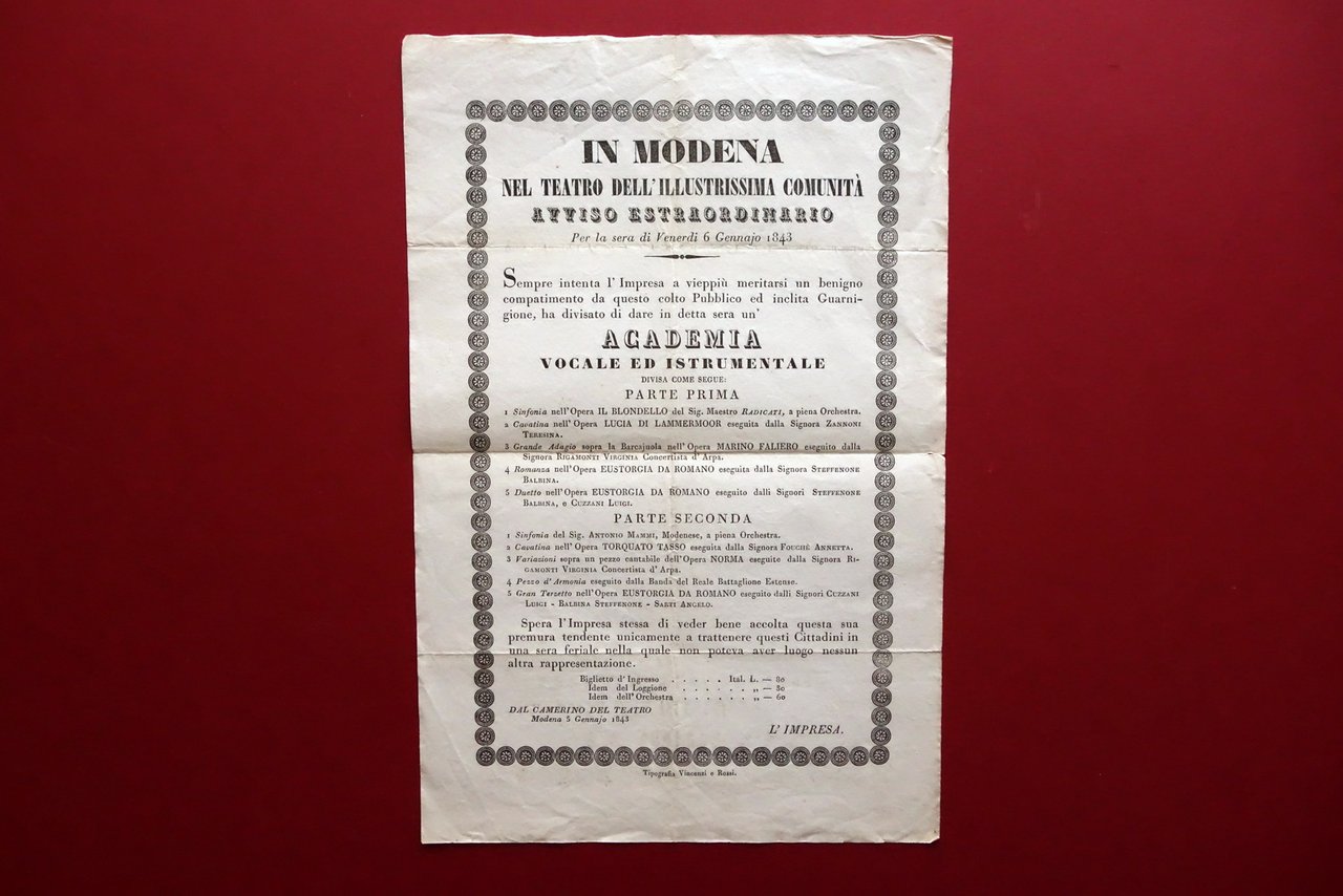 Locandina Teatro Comunit‡ di Modena Programma Serata 6 Gennaio 1843 …