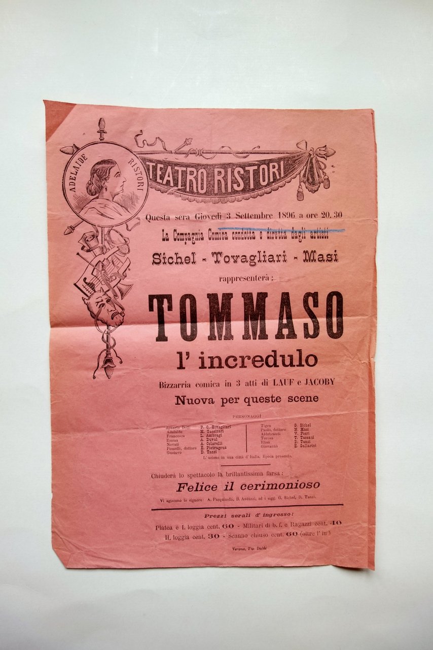 Locandina Teatro Ristori Verona Tommaso l'Incredulo Commedia 1896