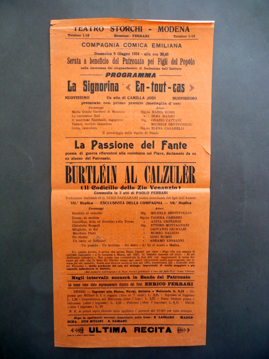 Locandina Teatro Storchi Modena Burtlein al Calzuler Paolo Ferrari 1924