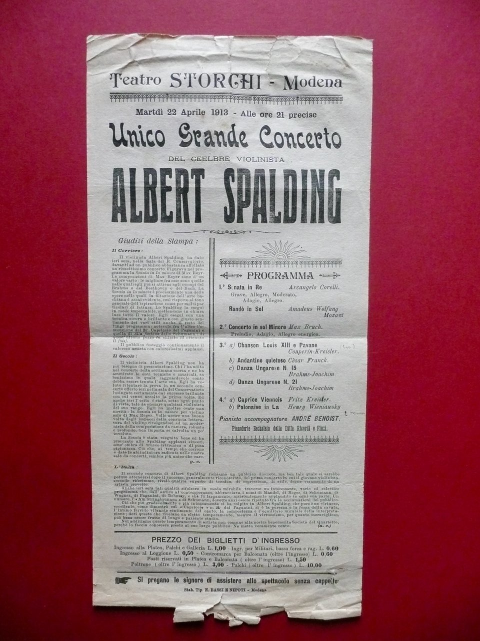 Locandina Teatro Storchi Modena Concerto Albert Spalding Violino 1913 Musica