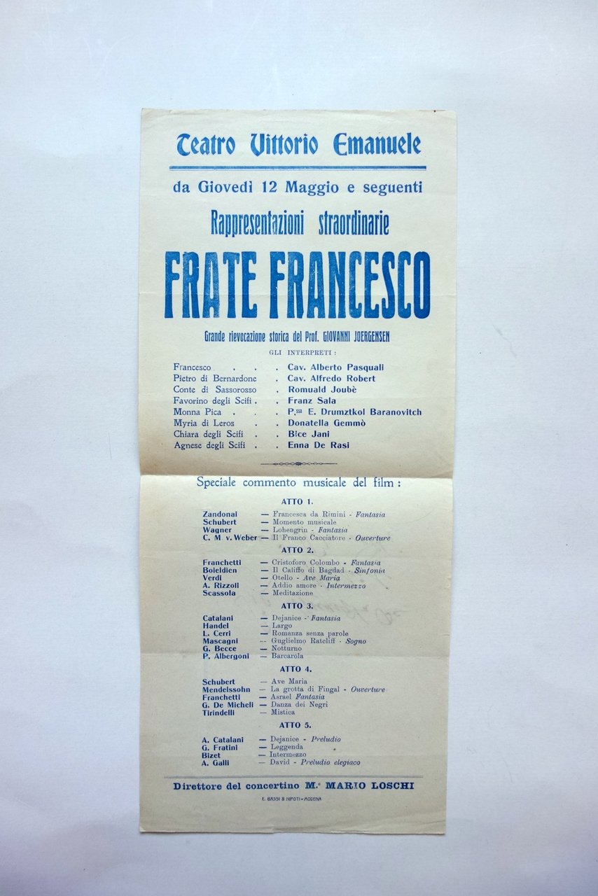 Locandina Teatro Vittorio Emanuele Modena Frate Francesco Joergensen Primo '900