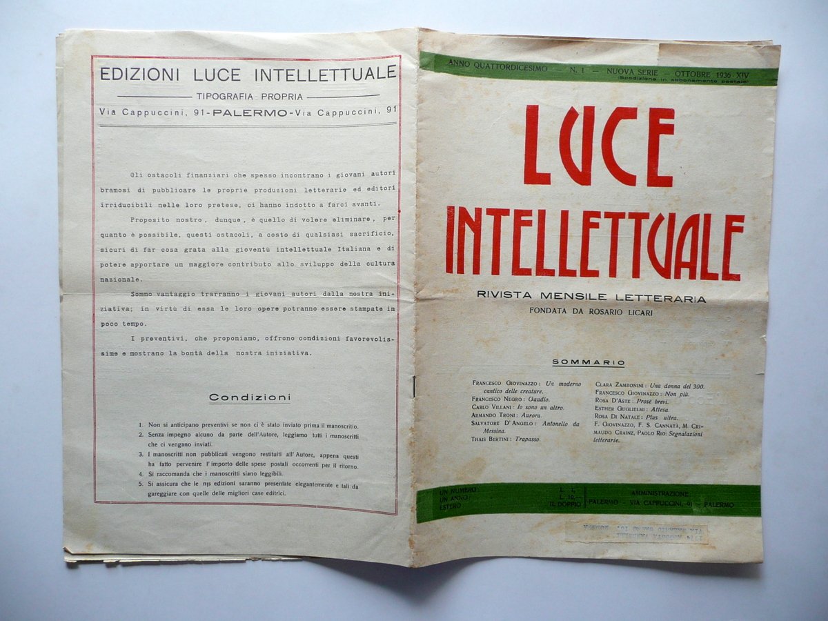 Luce Intellettuale Rivista Mensile Anno XIV Numero 1 Palermo Ottobre …