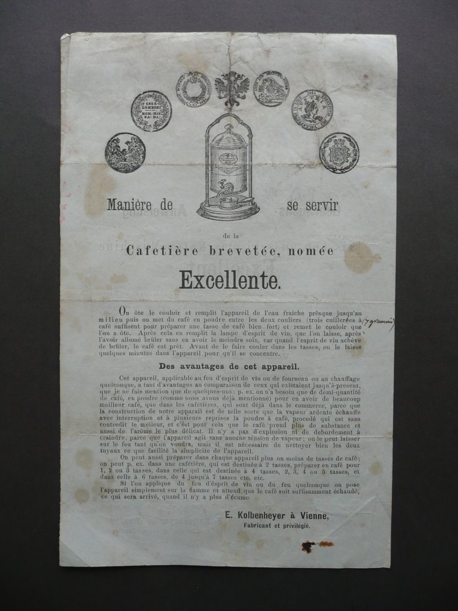 Macchina da CaffË Excellente Foglio Pubblicit‡ E. Kolbenheyer Vienne 1870