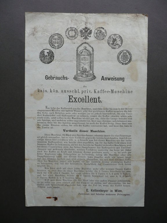 Macchina da CaffË Excellente Foglio Pubblicit‡ E. Kolbenheyer Vienne 1870