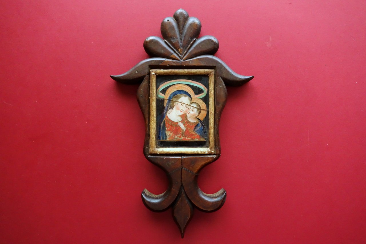 Madonna con Bambino Dipinta su Vetro Entro Cornice Floreale in …