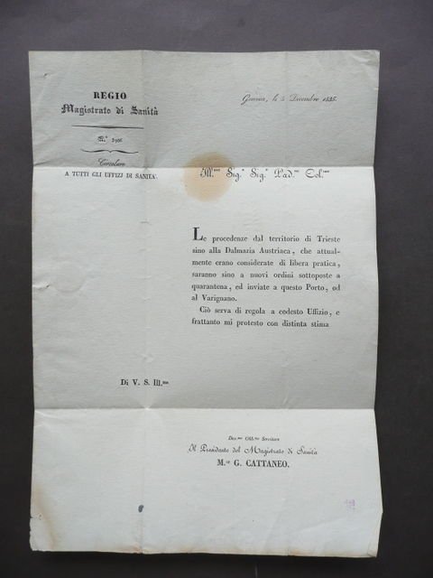 Magistrato Sanit‡ Lettera Sanitaria Territorio Trieste Dalmazia Austriaca 1835 | Immagine principale