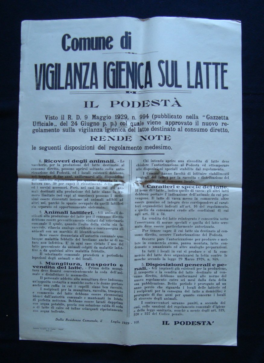 Manifesto 1929 Vigilanza Igienica sul Latte Disposizioni da Gazzetta Ufficiale