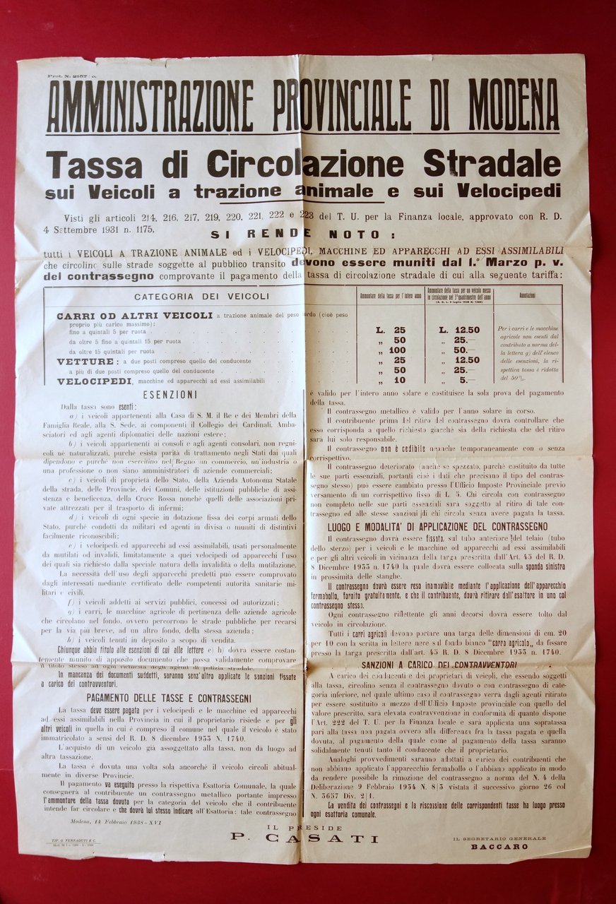 Manifesto Amministrazione Provincia di Modena Tassa Circolazione Stradale 1938