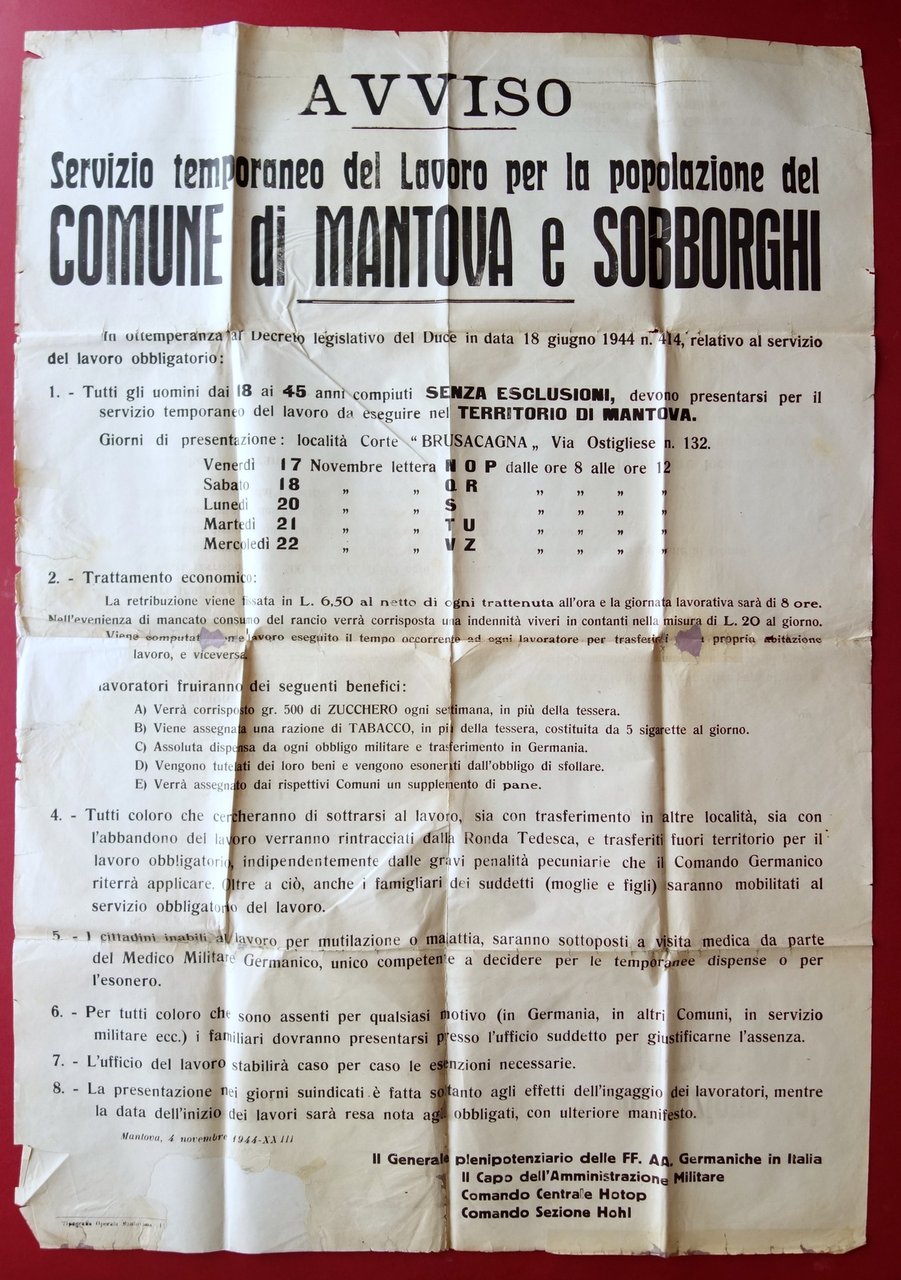 Manifesto Avviso Servizio Temporaneo del Lavoro Comune di Mantova 1944 … | Immagine principale
