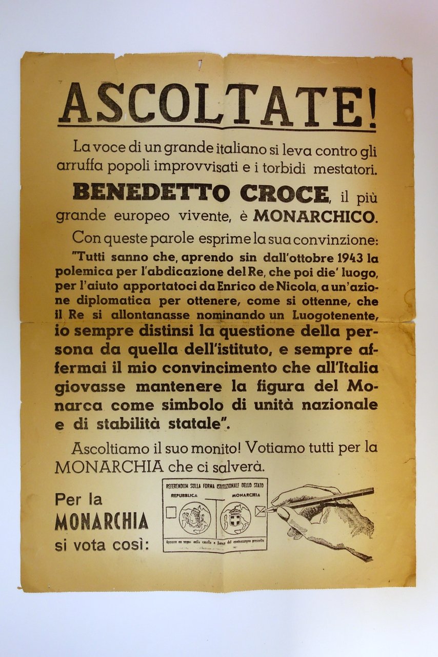 Manifesto Benedetto Croce è Monarchico Voto Pro Monarchia Italia 1946