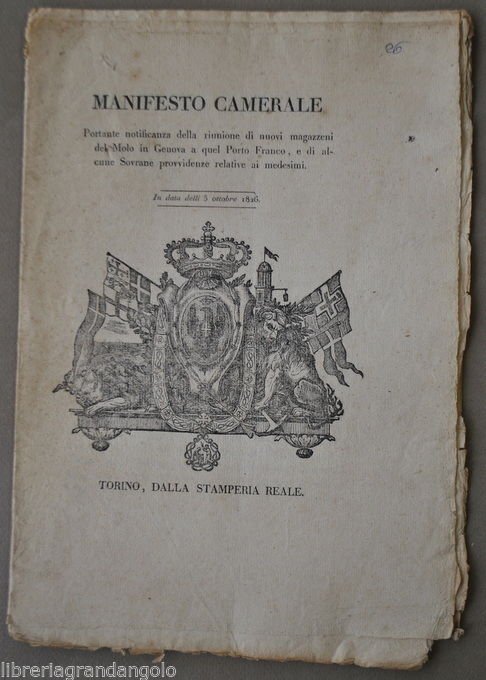 Manifesto Camerale Magazzini Molo Genova Porto Merci Alimentari Tariffe 1826