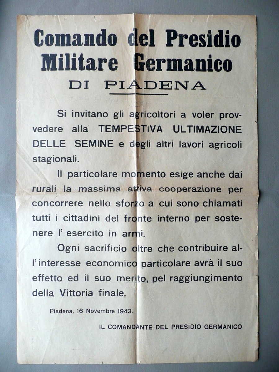 Manifesto Comando Presidio Militare Germanico Piadena Semina 16/11/1943 WW2 | Immagine principale