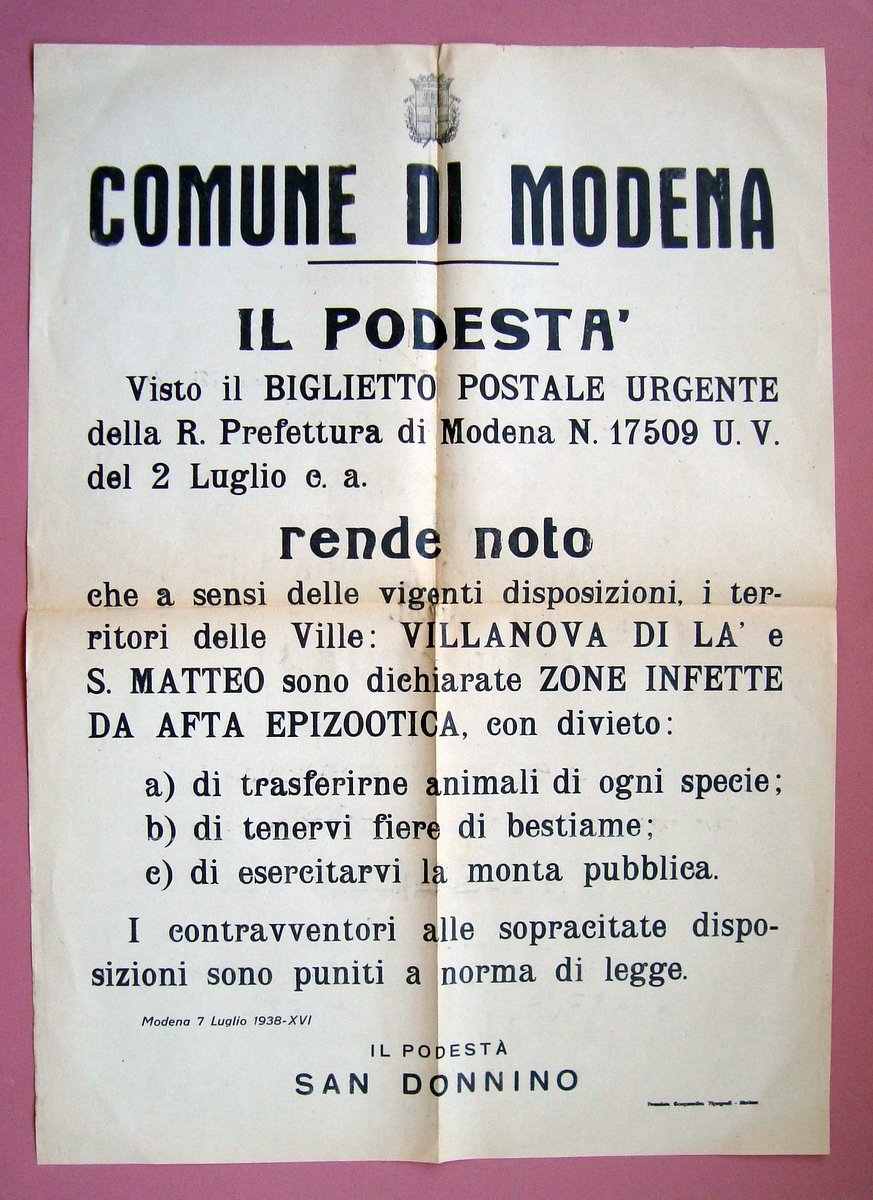 Manifesto Comune Modena 1938 San Matteo Villanova zone infette afta … | Immagine principale