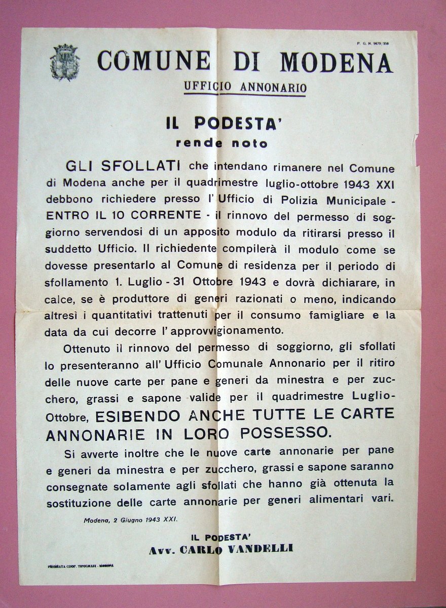 Manifesto Comune Modena 1943 disposizioni per sfollati Luglio Ottobre