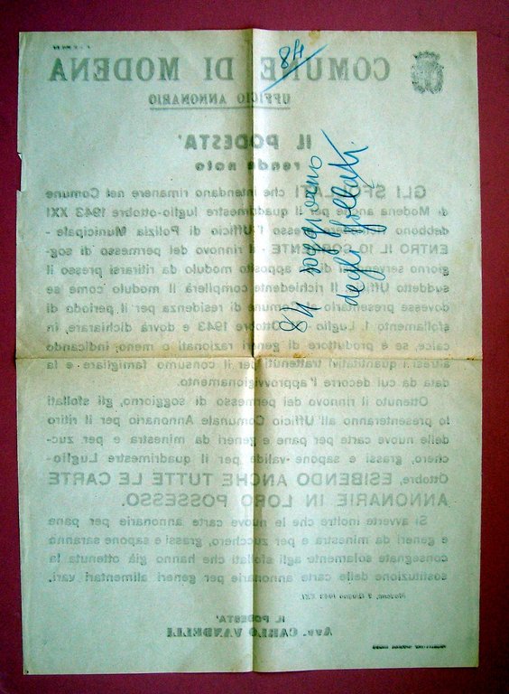 Manifesto Comune Modena 1943 disposizioni per sfollati Luglio Ottobre