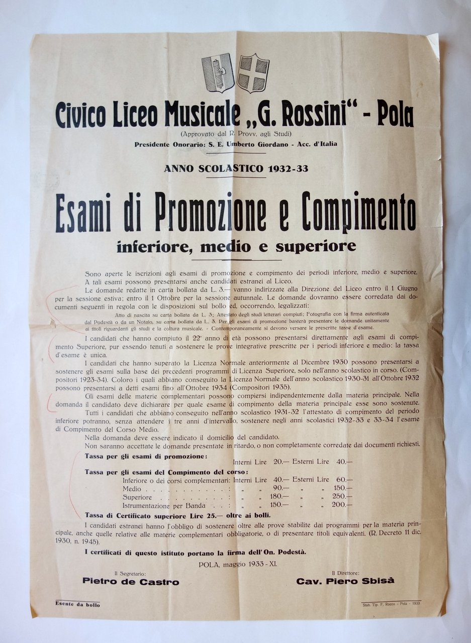 Manifesto Liceo Musicale Rossini Pola Esami di Promozione e Compimento …