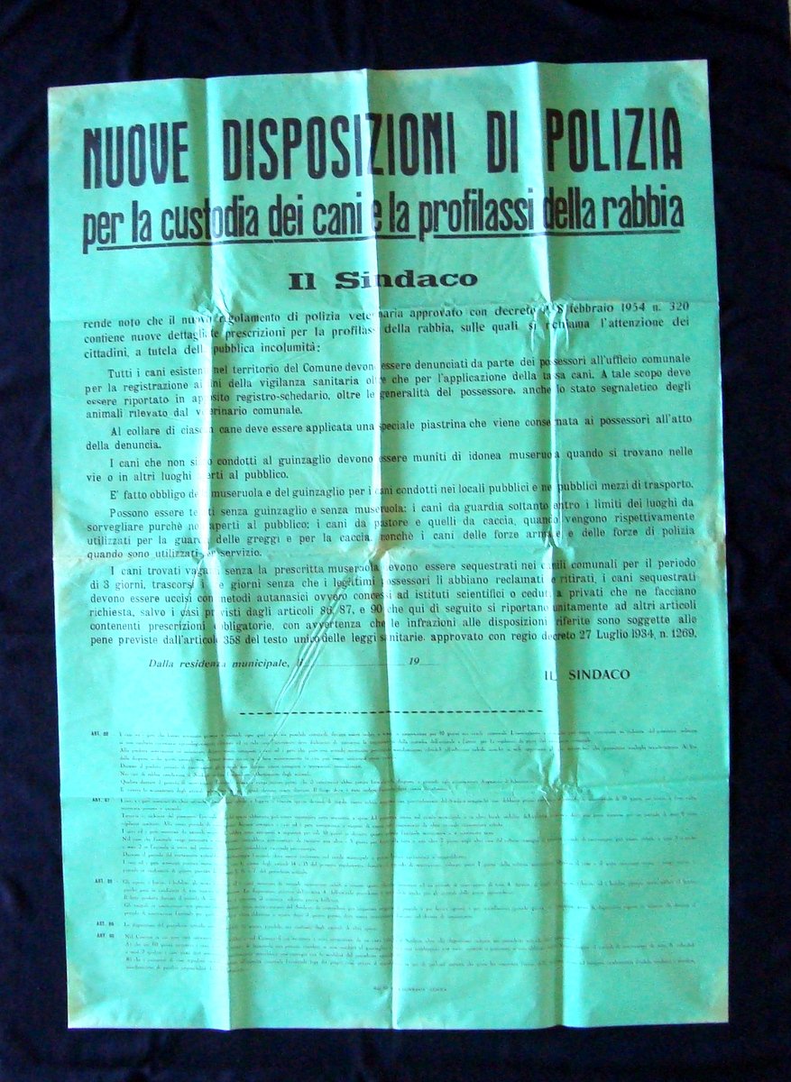 Manifesto Modena Nuove disposizioni Polizia Custodia Cani Rabbia 1954