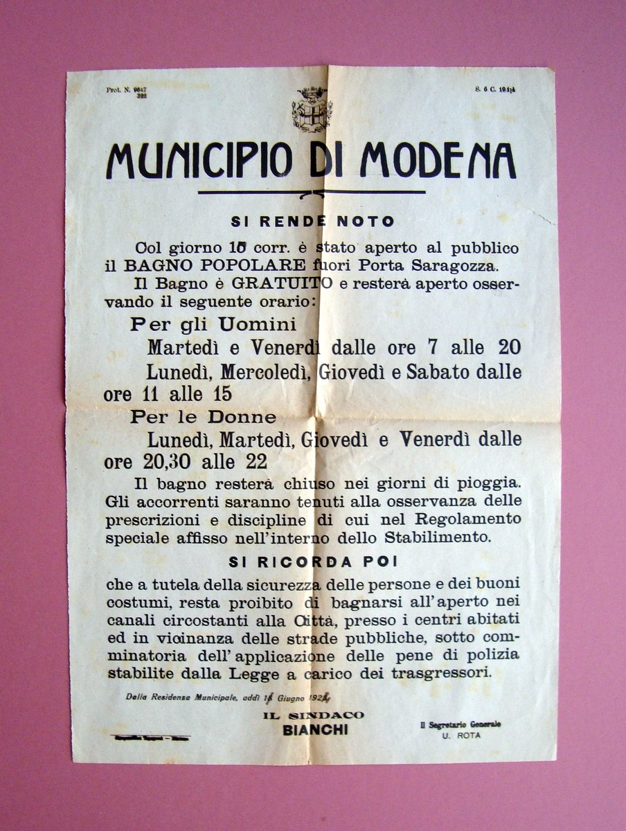 Manifesto Municipio Modena 1924 Bagni pubblici fuori Porta Saragozza orari