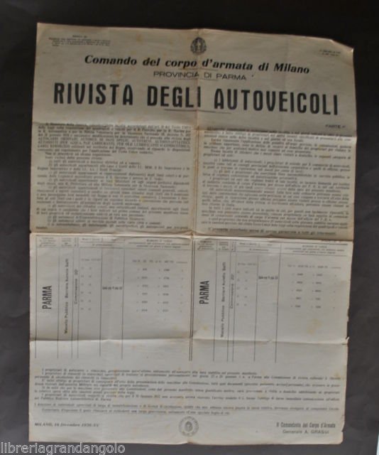 Manifesto Parma Motori Revisione Autoveicoli Autocarri Autobus Camion 1936