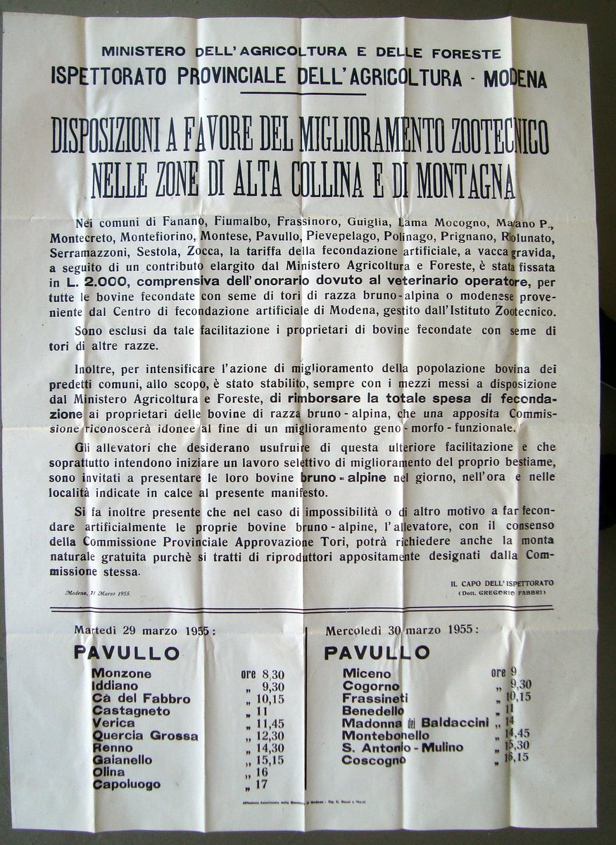 Manifesto Pavullo miglioramento zootecnico Alta Collina Montagna 1955 veterinari