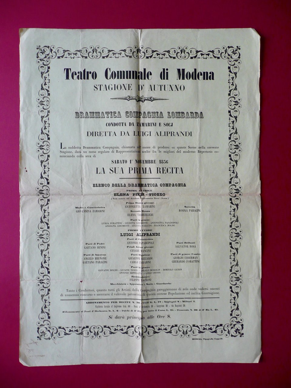 Manifesto Teatro Comunale Modena Compagnia Lombarda Zamarini Aliprandi 1856