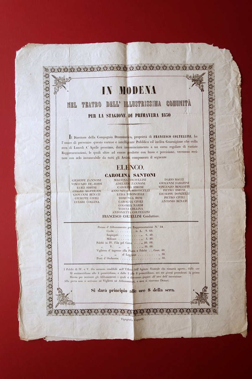 Manifesto Teatro della Comunit‡ Modena Stagione 1850 Compagnia Coltellini Attori