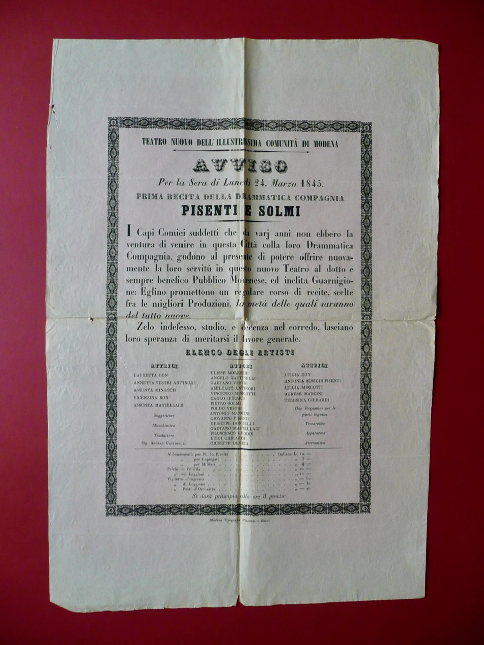 Manifesto Teatro Nuovo Comunit‡ di Modena Compagnia Pisenti e Solmi …