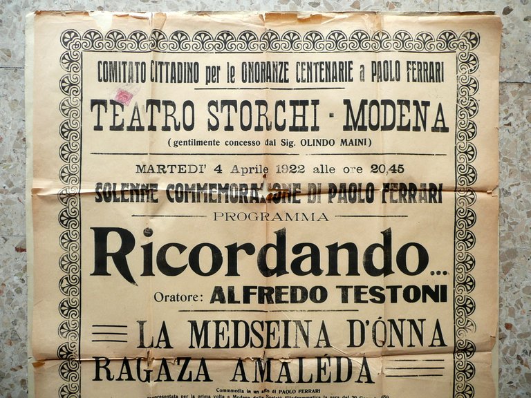 Manifesto Teatro Storchi Modena Commemorazione Paolo Ferrari Dialetto 1922