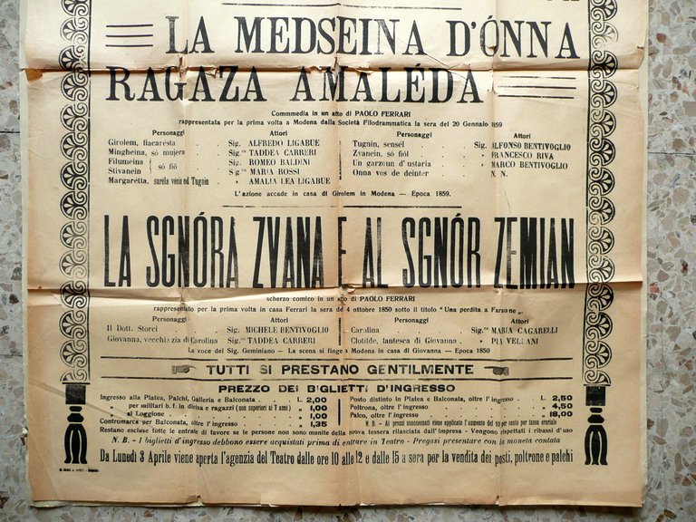 Manifesto Teatro Storchi Modena Commemorazione Paolo Ferrari Dialetto 1922