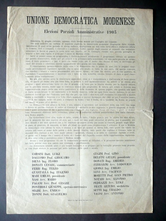 Manifesto Unione Democratica Modenese Elezioni Amministrative 1903 Programma