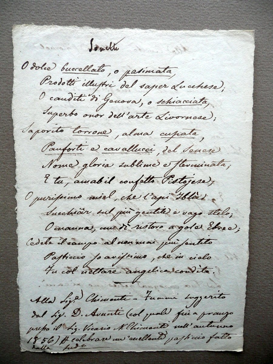 Manoscritto Due Sonetti Lode Cibi Dolci Al Giornale Civilt‡ Cattolica …