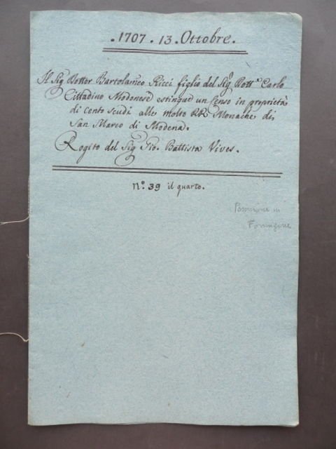 Manoscritto Estinzione Censo Monache S. Marco Tabellonato Modena 1707