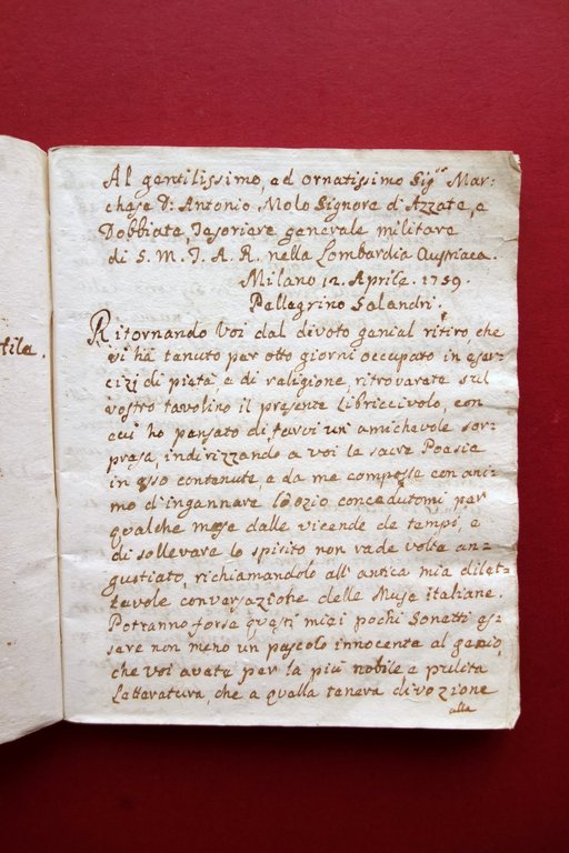 Manoscritto Lodi a Maria Abate Pellegrino Salandri Accademico Trasformato 1759