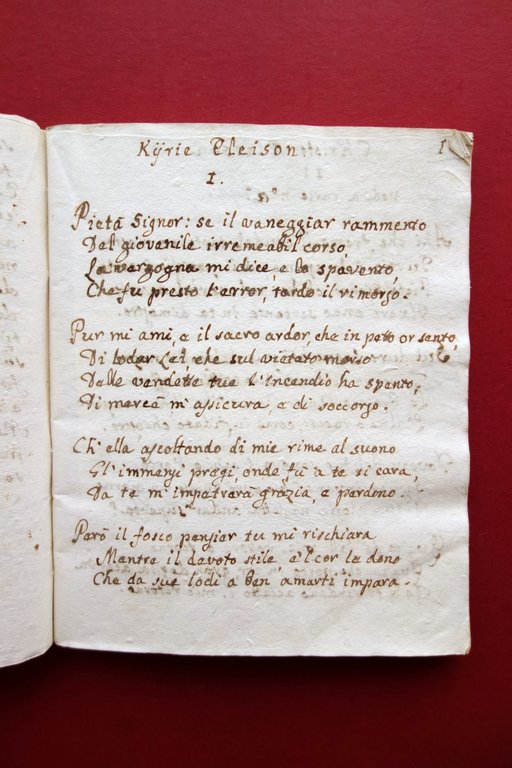 Manoscritto Lodi a Maria Abate Pellegrino Salandri Accademico Trasformato 1759