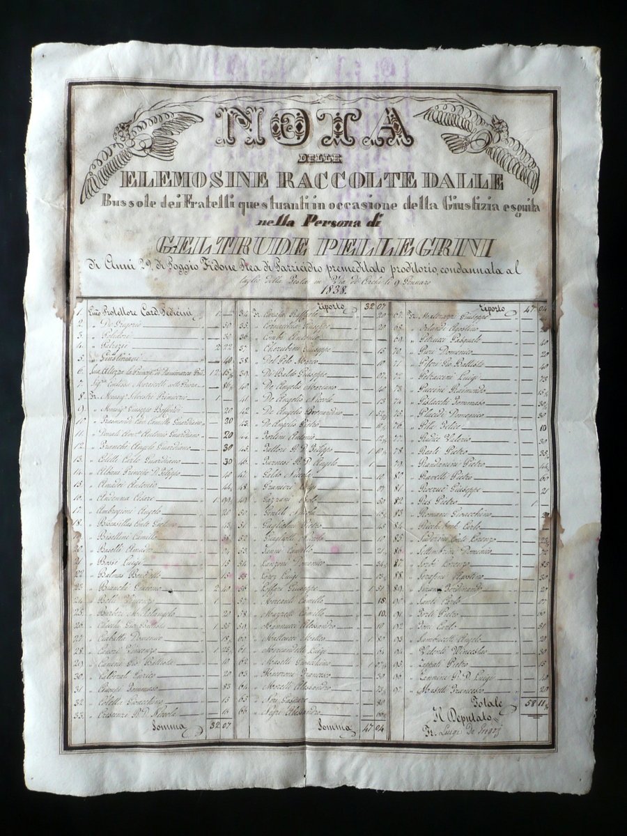 Manoscritto Manifesto Nota Elemosine Geltrude Pellegrini Parricidio 1838 Unico