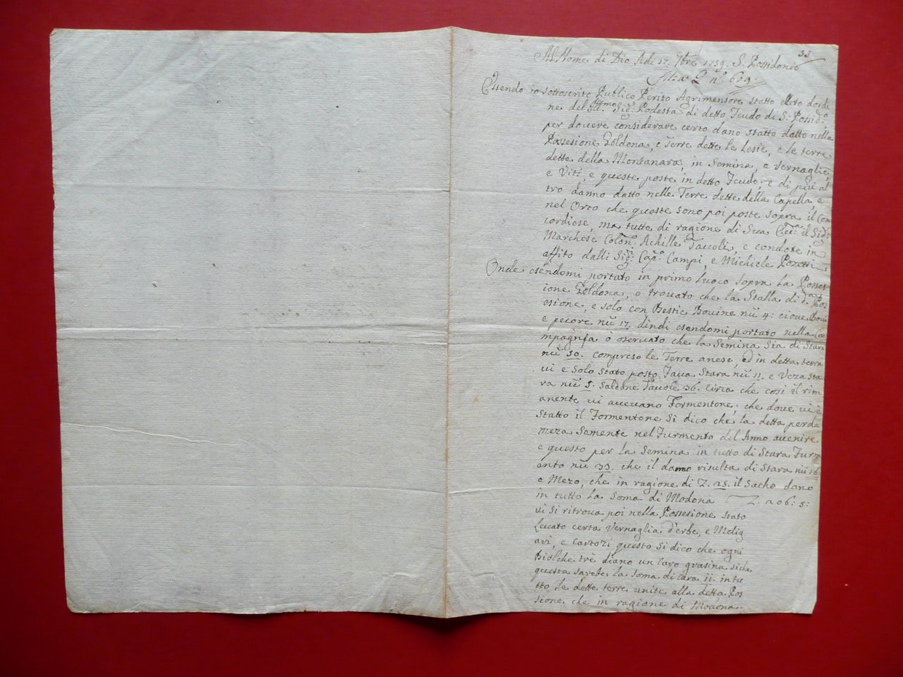 Manoscritto Perizia Agrimensore San Possidonio Possessione Goldona Lesie 1759 | Immagine principale
