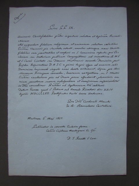 Manoscritto Pio IX Oratorio S.Carlo Modena 1857 Religione Lettera | Immagine principale