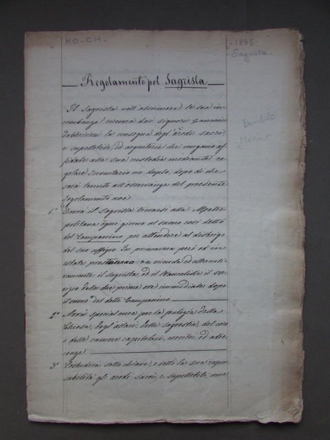Manoscritto Regolamento Sagrista 1865 Bancalista Modena Capitolo Metropolitano | Immagine principale