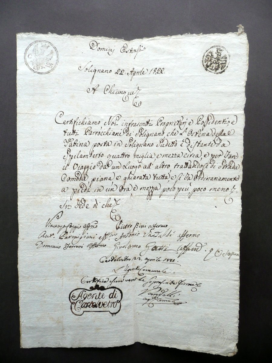 Solignano Castelvetro Osteria della Tabina Tempi di Percorrenza 1822