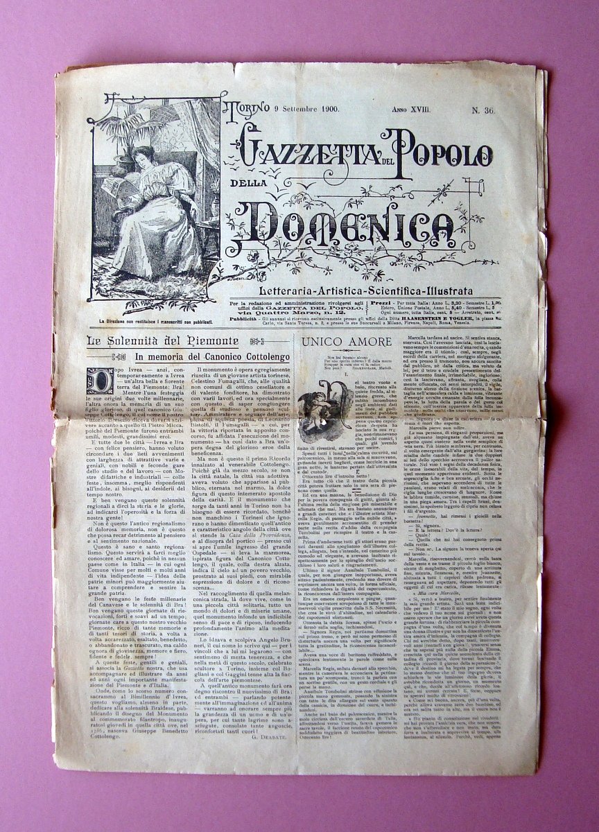 Memoria Canonico Cottolengo Bra Gazzetta del Popolo della Domenica 9/9/1900
