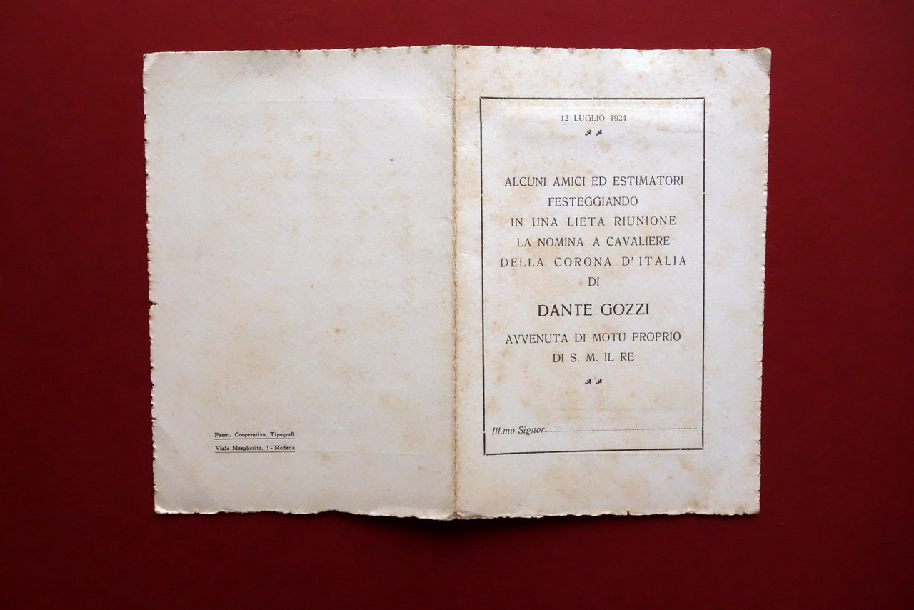 Men˘ Dante Gozzi Legatore Nomina Cavaliere Corona d'Italia 12/7/1924 Modena
