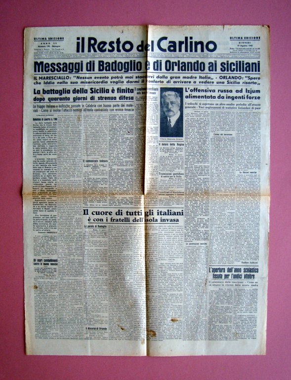 Messaggio Badoglio Orlando ai Siciliani 19/8/1943 Il Resto del Carlino N 198
