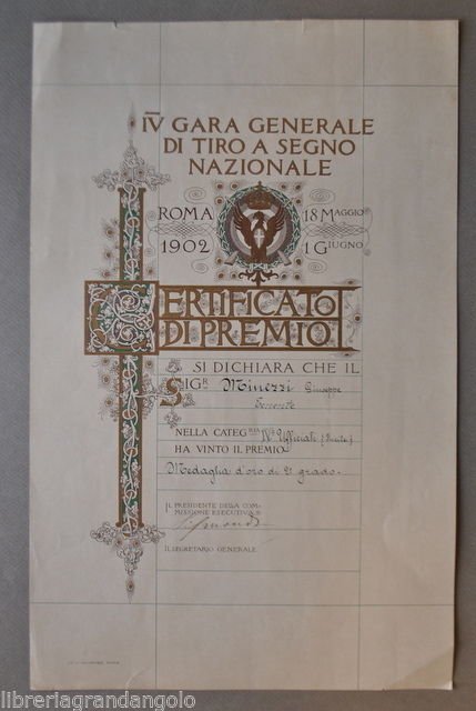 Militaria Armi Certificato Premio Gara Generale Tiro Segno Nazionale Roma …