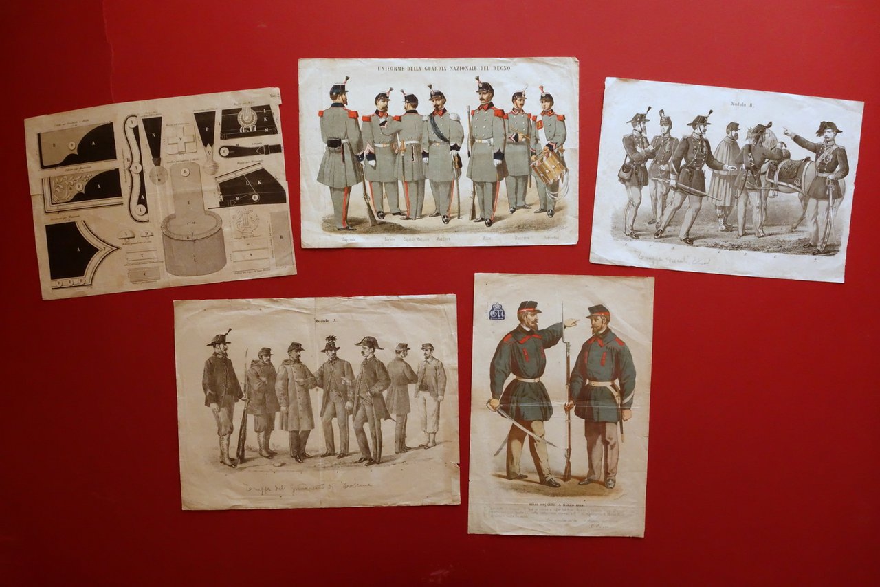 Militaria Uniformologia 5 Tavole Litografia Uniformi Regno Stati Preunitari '800