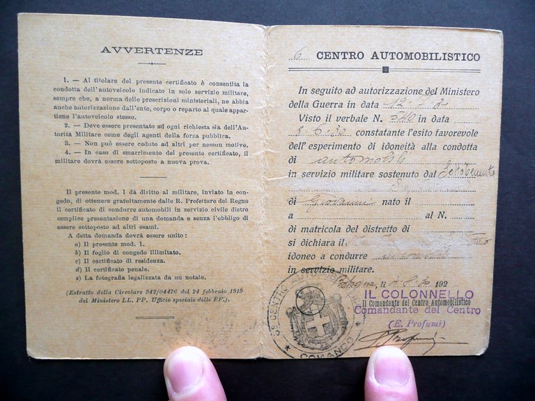 Ministero della Guerra Certificato Idoneit‡ Condotta Autoveicoli 1930 Militaria