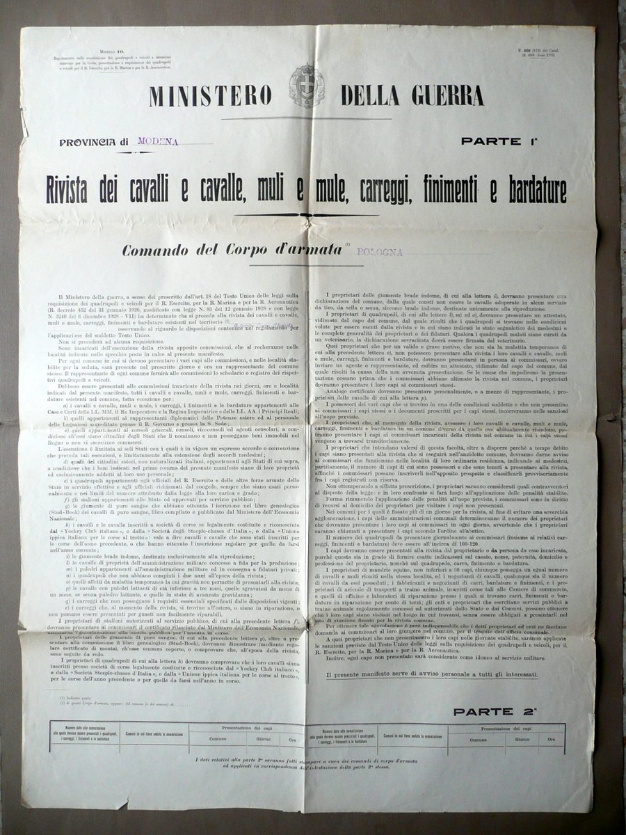 Ministero della Guerra Rivista Cavalli Muli Carreggi Finimenti Bardature 1939